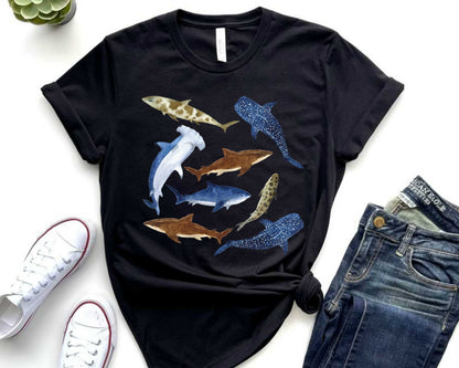 Shark Lover Shirt, Watercolor Sharks, Ocean Beach Party Gift
