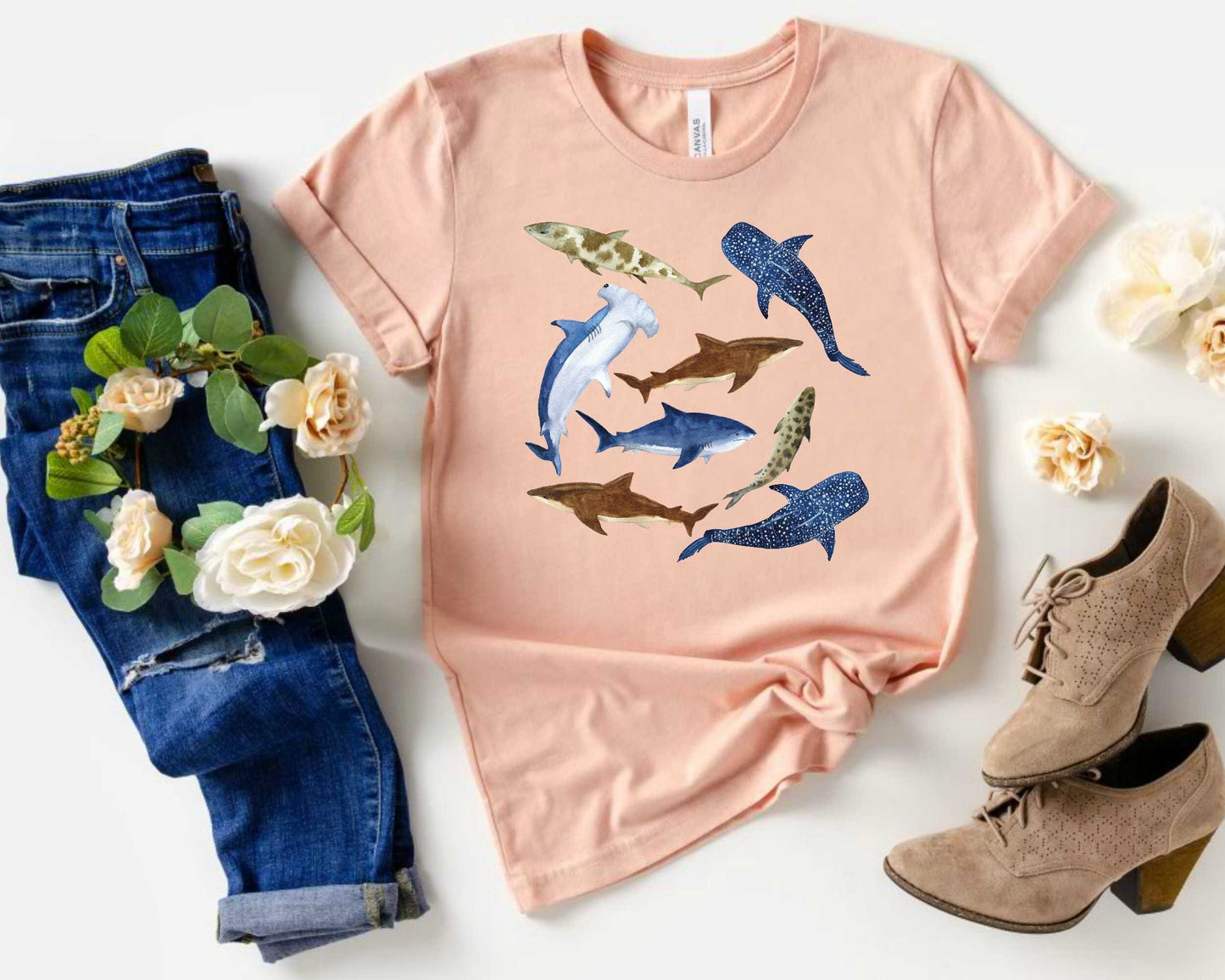Shark Lover Shirt, Watercolor Sharks, Ocean Beach Party Gift
