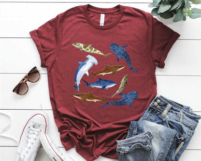 Shark Lover Shirt, Watercolor Sharks, Ocean Beach Party Gift