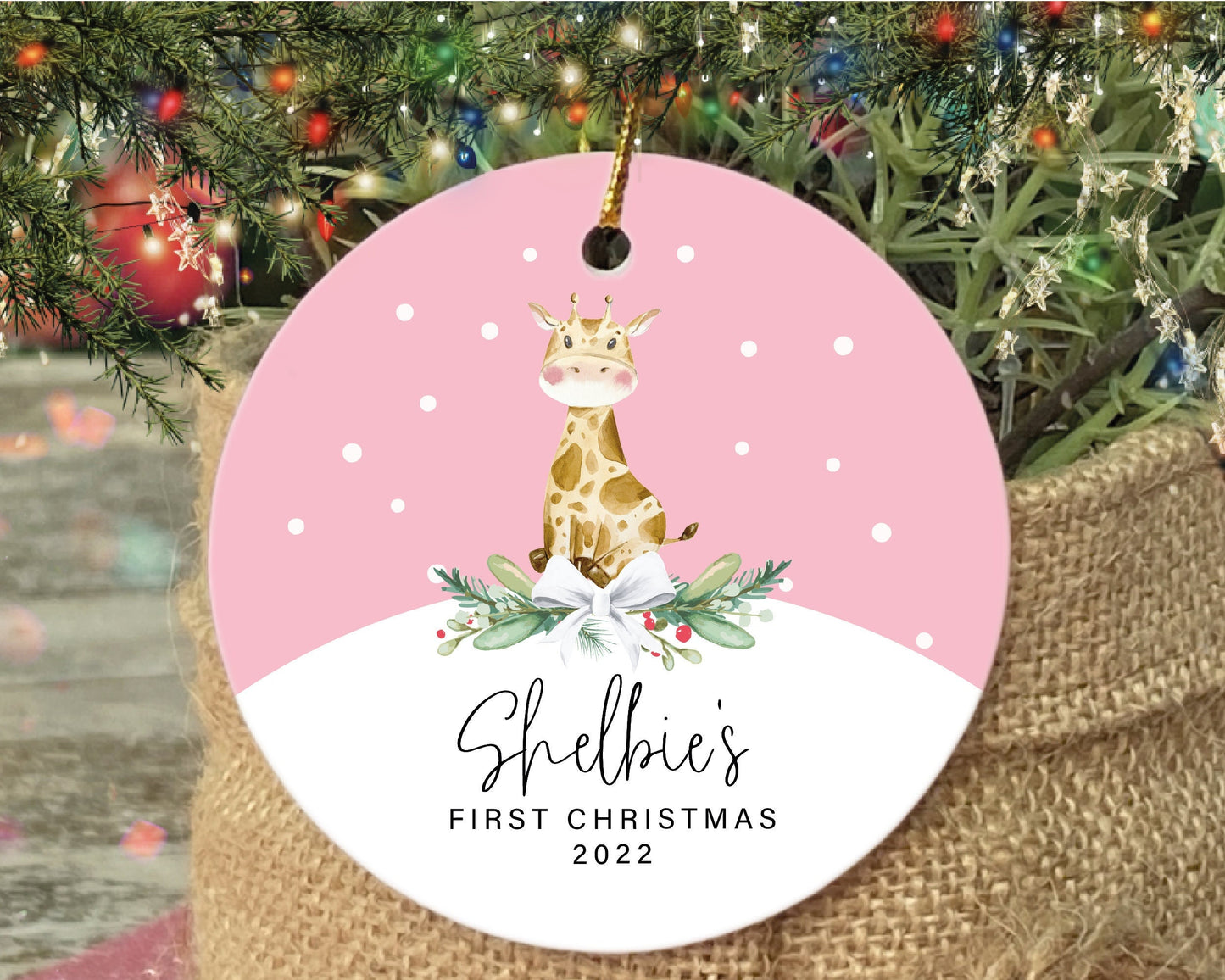 Personalized Baby Girl First Christmas Giraffe Porcelain Ornament