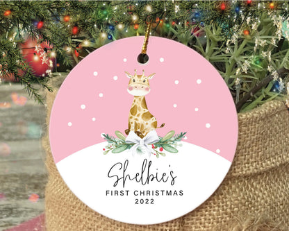 Personalized Baby Girl First Christmas Giraffe Porcelain Ornament