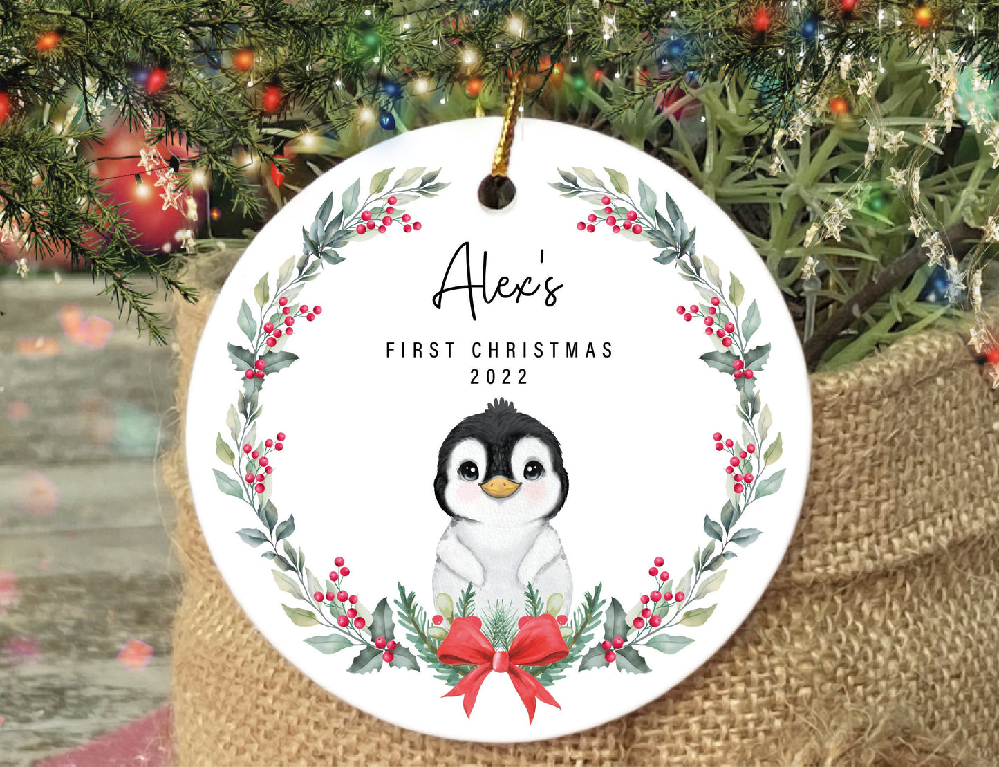 Personalized Penguin Baby's First Christmas Ornament