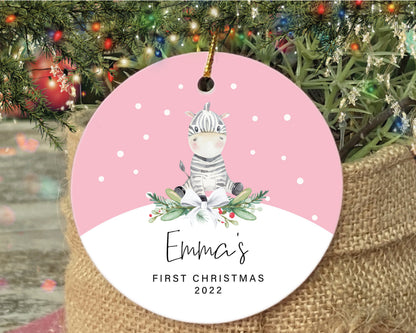 Personalized Baby Girl First Christmas Giraffe Porcelain Ornament
