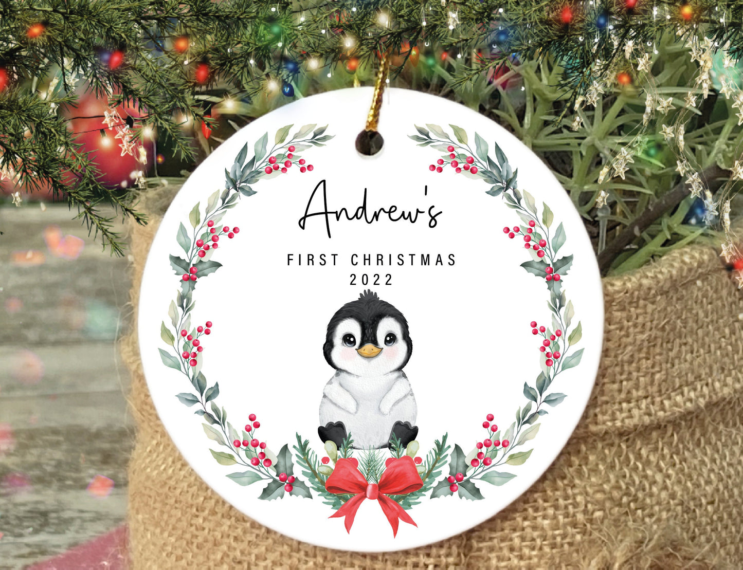 Personalized Penguin Baby's First Christmas Ornament