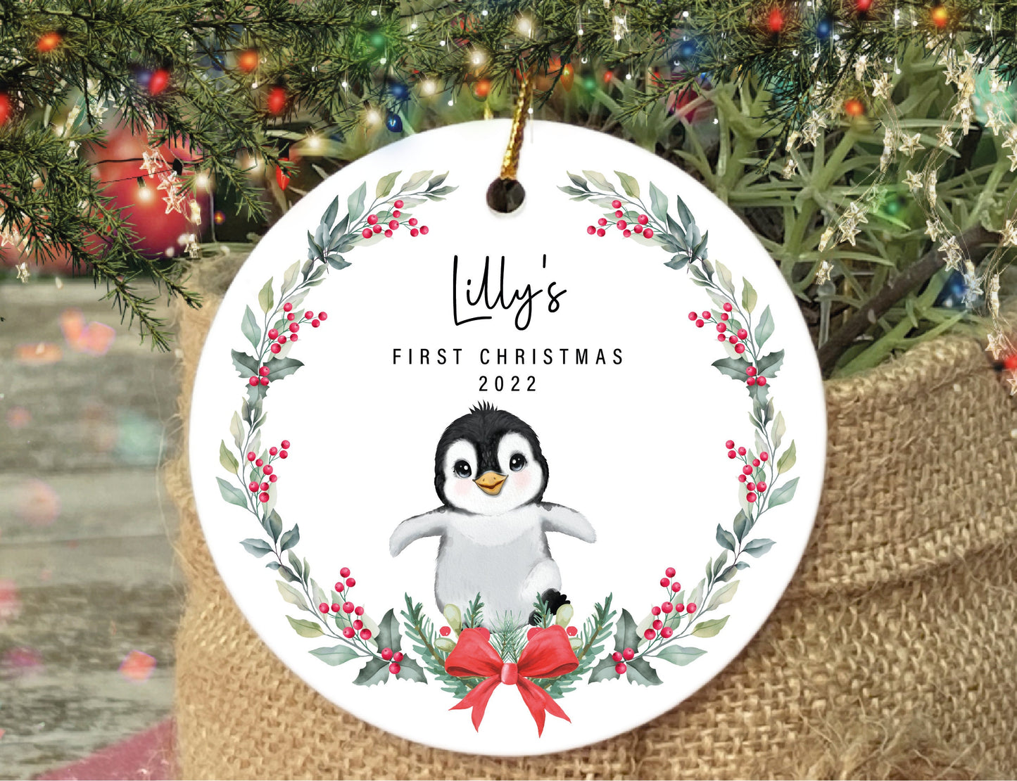 Personalized Penguin Baby's First Christmas Ornament