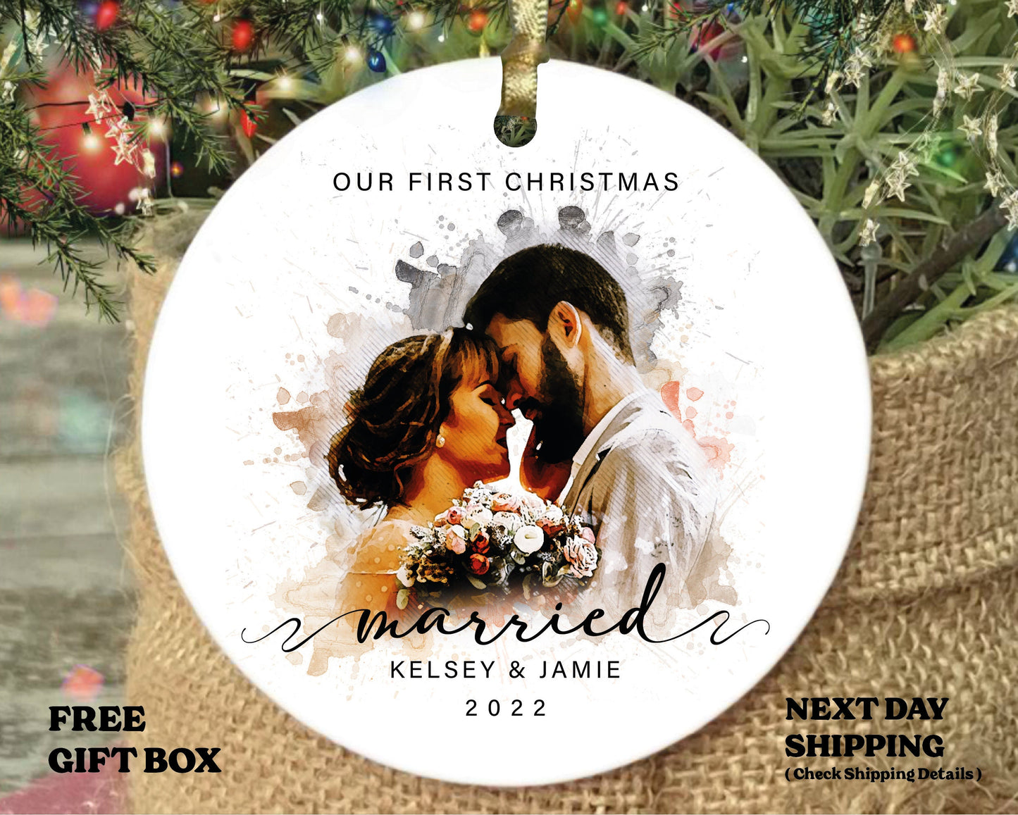 Personalized Watercolor Couple Portrait Ornament, First Married Christmas Gift