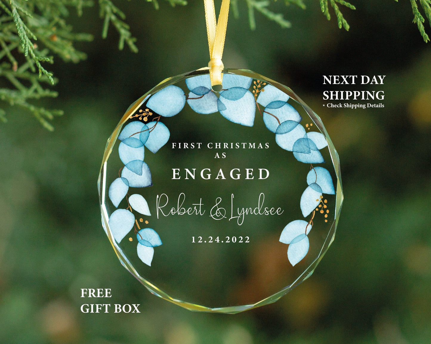 Personalized Glass Christmas Ornament, Engaged Couple Gift