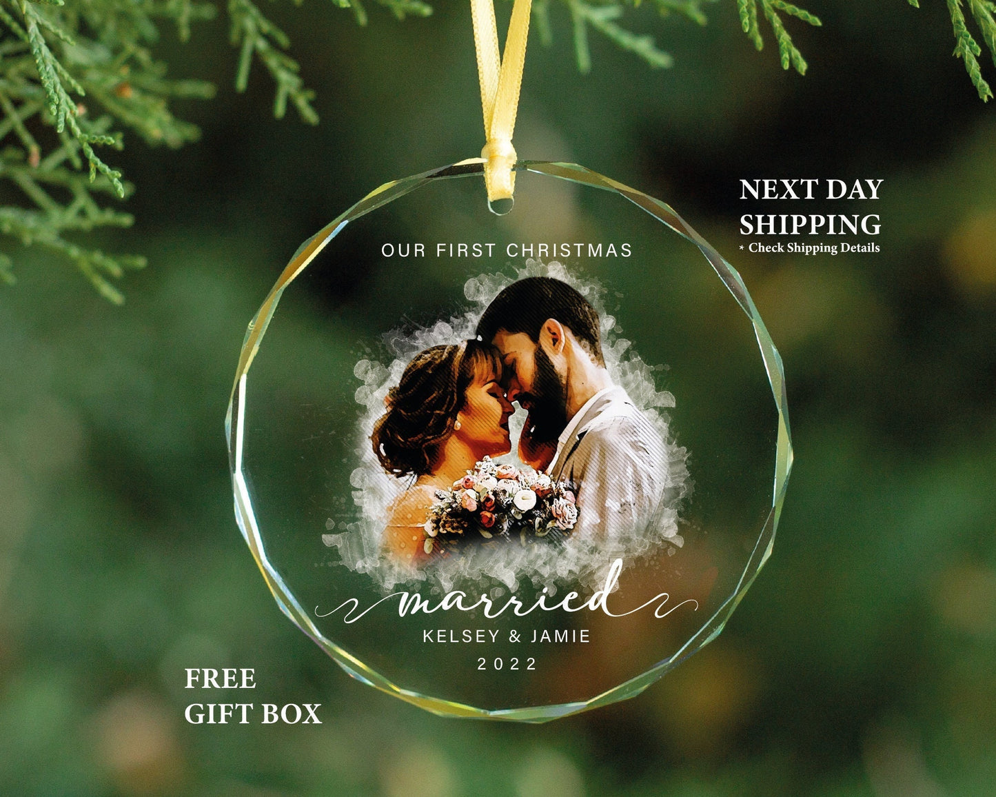 Personalized Watercolor Portrait Glass Ornament, Wedding Gift, Christmas Ornament