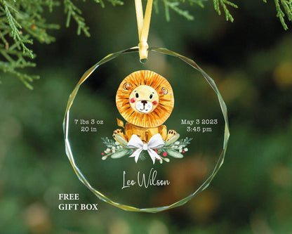 Personalized Newborn Birth Stats Lion Glass Ornament, Baby Shower Gift