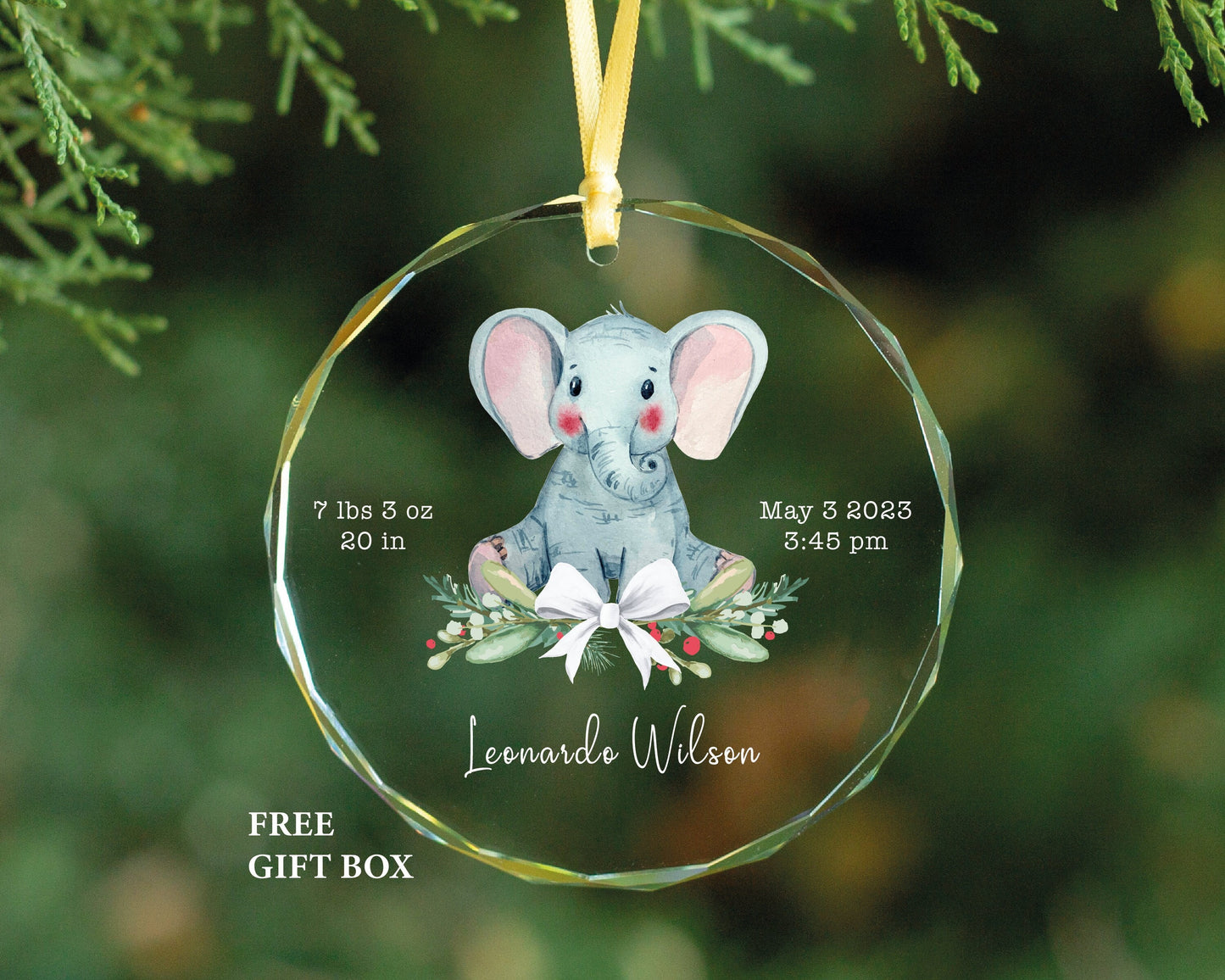 Personalized Baby Elephant Birth Stats Glass Ornament, New Mom Gift