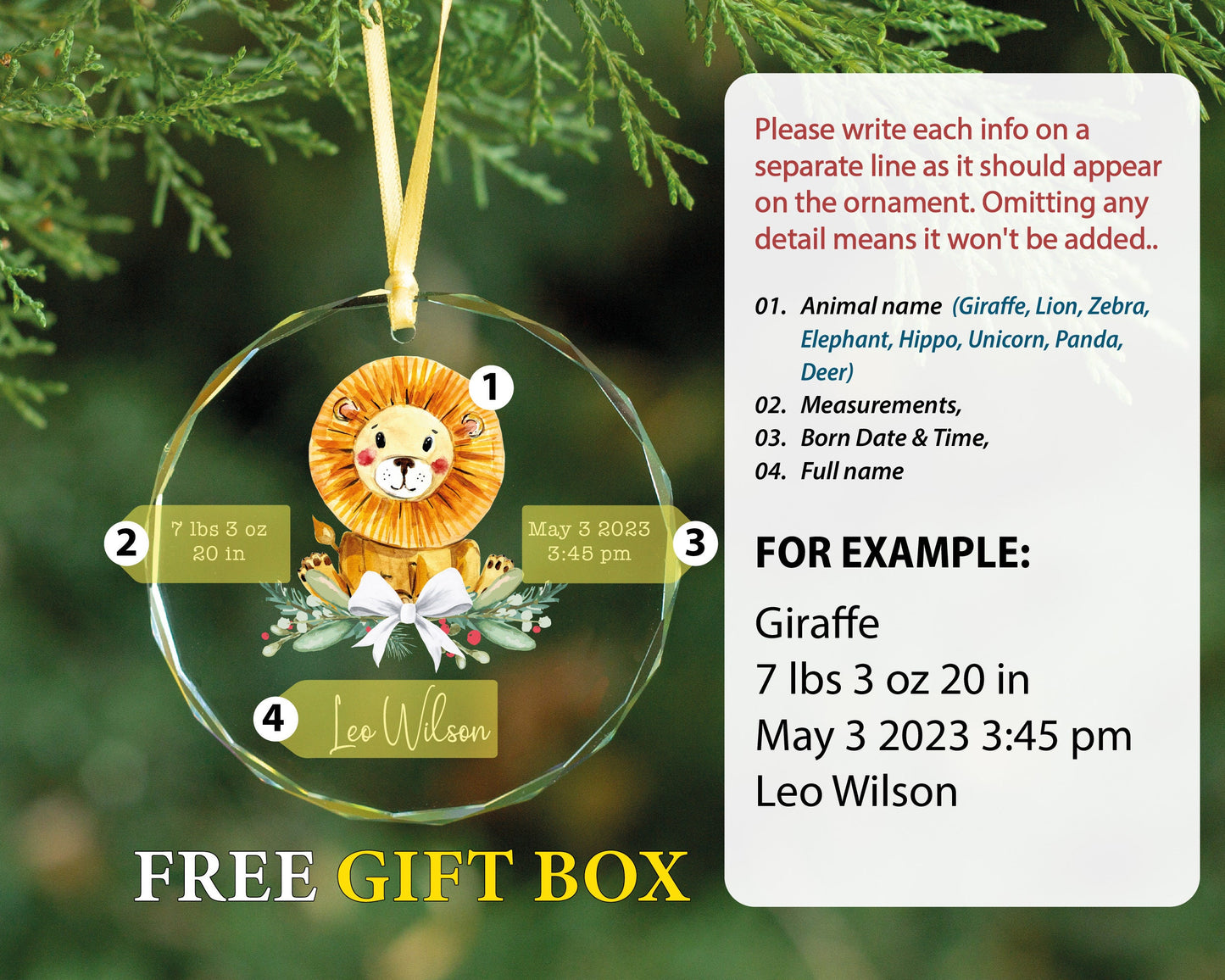 Personalized Newborn Birth Stats Lion Glass Ornament, Baby Shower Gift