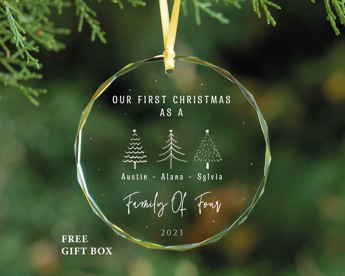 Personalized Family Christmas Ornament - Expecting Family of Three, Gem Cut Glass