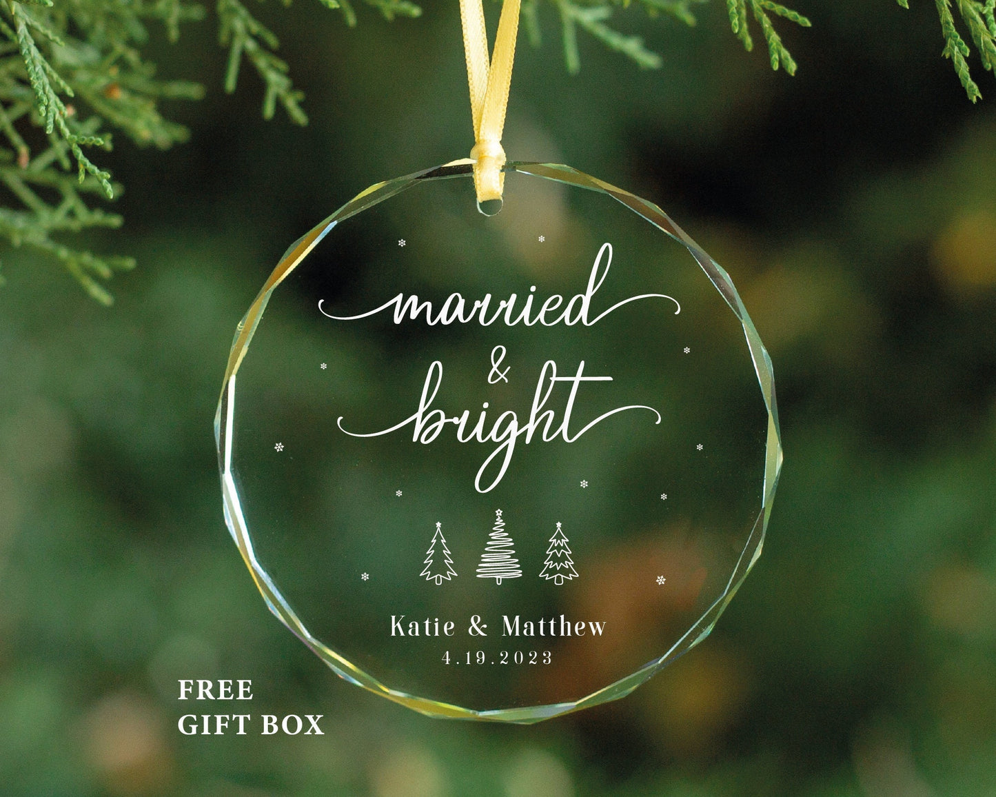 First Christmas Married Ornament - Clear Glass, Personalized Gift