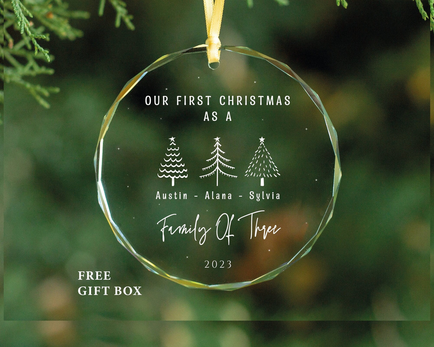 Personalized Family Christmas Ornament – Gem-Cut Glass, New Baby Gift