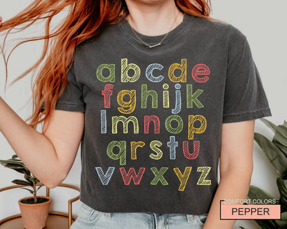 Colorful ABC Alphabet Teacher Shirt - Kindergarten Preschool Cotton Tee