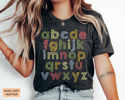 Colorful ABC Alphabet Teacher Shirt - Kindergarten Preschool Cotton Tee