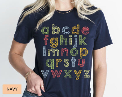 Colorful ABC Alphabet Teacher Shirt - Kindergarten Preschool Cotton Tee