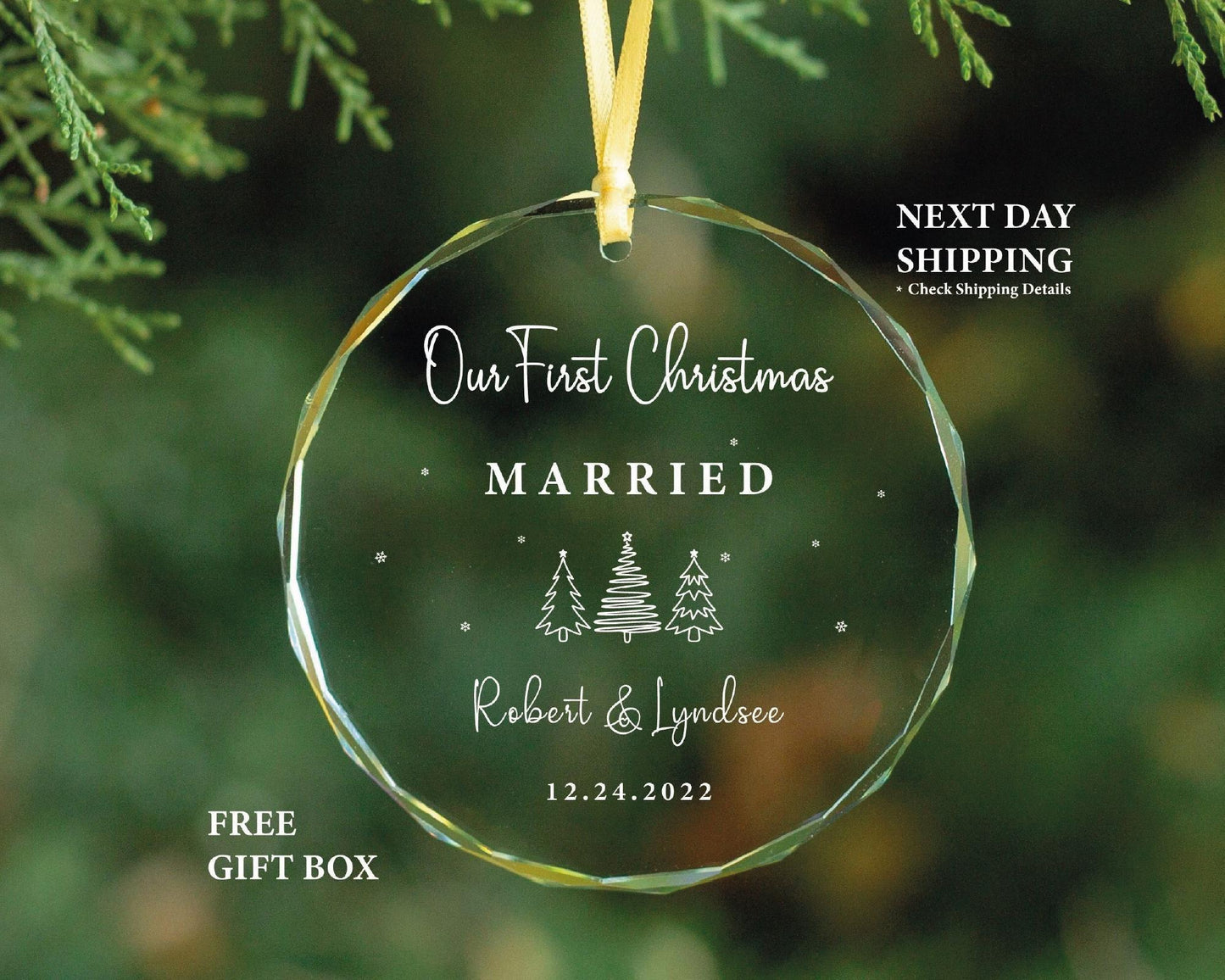 First Christmas Married Ornament - Clear Glass, Personalized Gift
