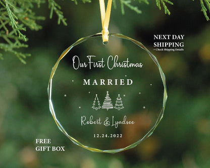 First Christmas Married Ornament - Clear Glass, Personalized Gift