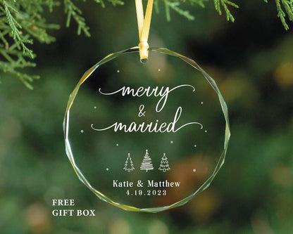 First Christmas Married Ornament - Clear Glass, Personalized Gift
