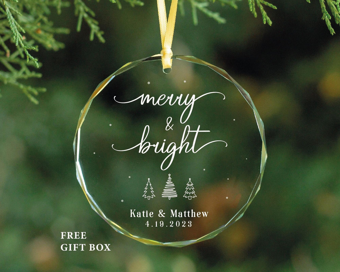 First Christmas Married Ornament - Clear Glass, Personalized Gift