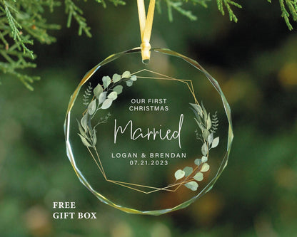 First Christmas Married Ornament - Clear Glass, Personalized Gift