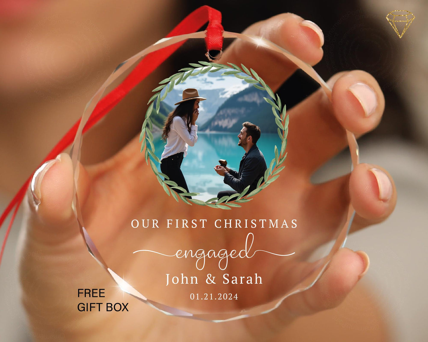 Personalized First Christmas Engaged Photo Ornament - Gem-Cut Glass