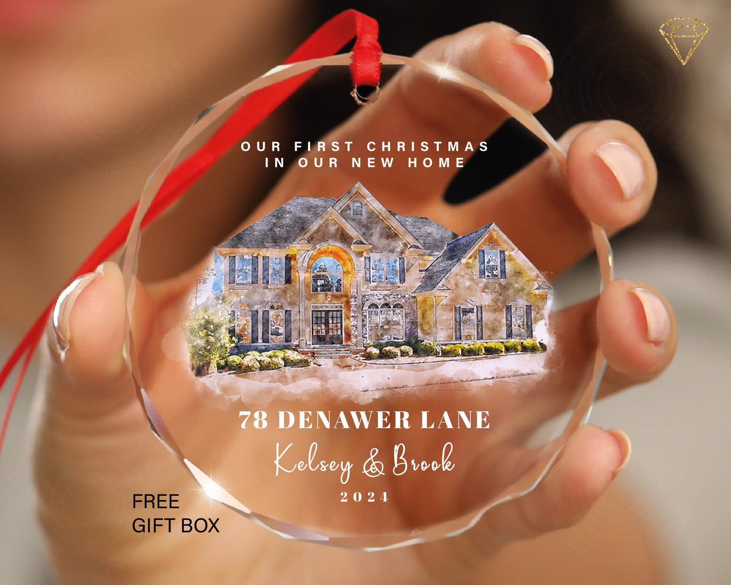 New Home Christmas Watercolor Portrait GLASS Ornament | Personalized First Christmas Our New Home Gift Portrait From Photo