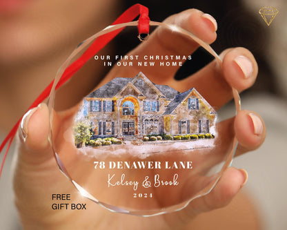 New Home Christmas Watercolor Portrait GLASS Ornament | Personalized First Christmas Our New Home Gift Portrait From Photo