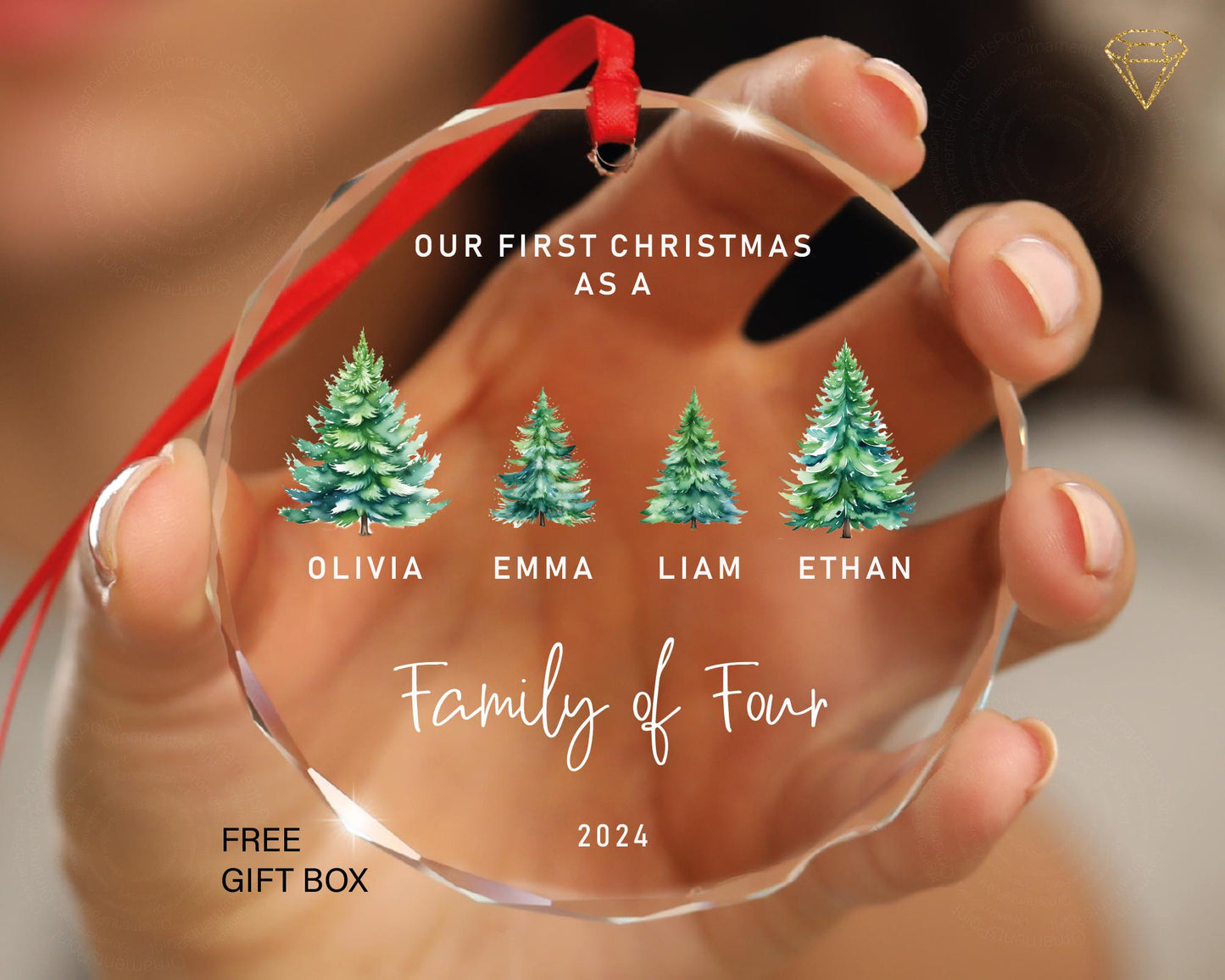 Pine Trees Family of 4 Christmas Ornament - Custom Family of Four Ornament - Family of 4 With Pet Ornament