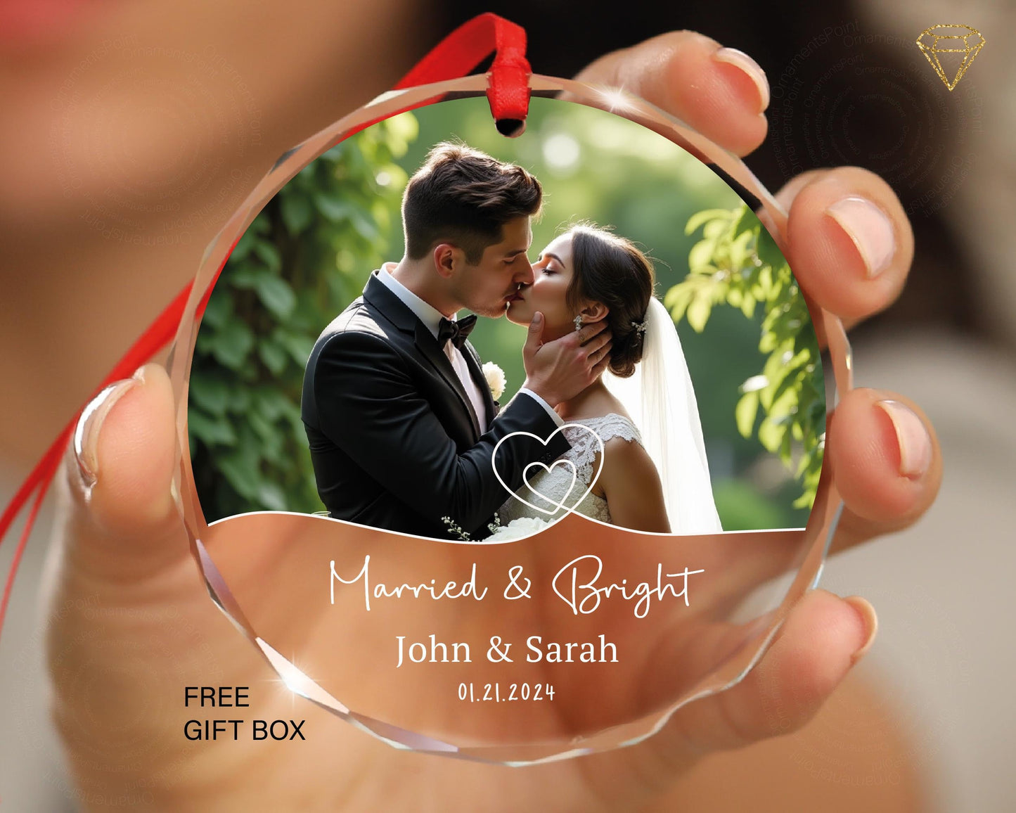 Personalized First Christmas Glass Ornament – Wedding Photo Keepsake