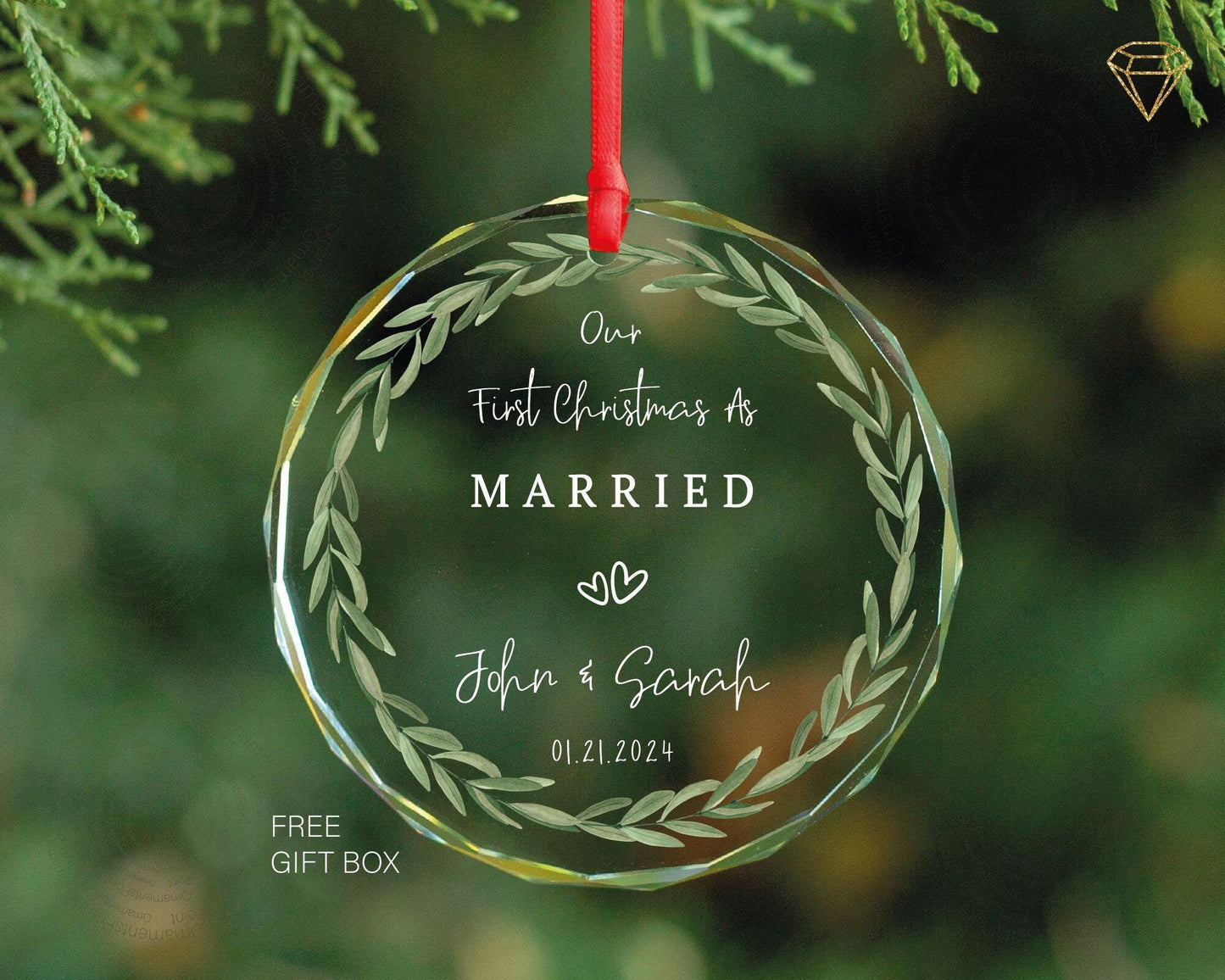 Our First Christmas Married Ornament With Gift Box  - Wedding Glass Ornament - Newlywed Christmas Ornament