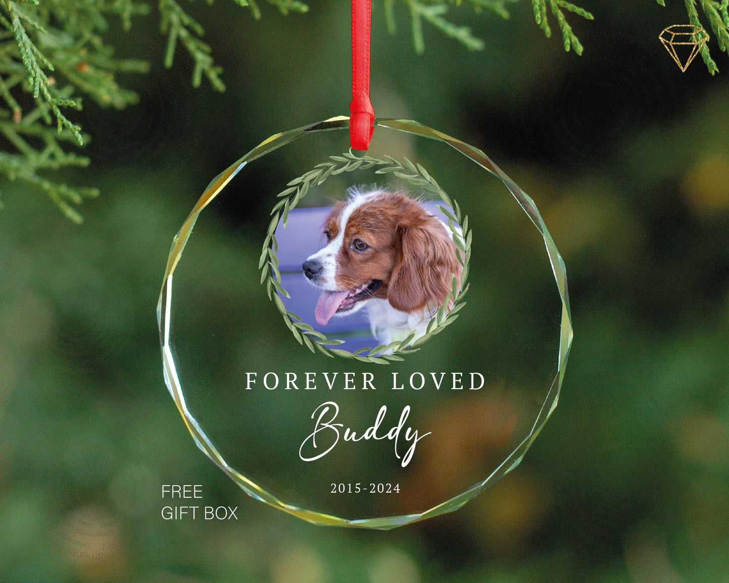 Personalized Dog Memorial Ornament – Gem-Cut Glass Pet Photo Keepsake