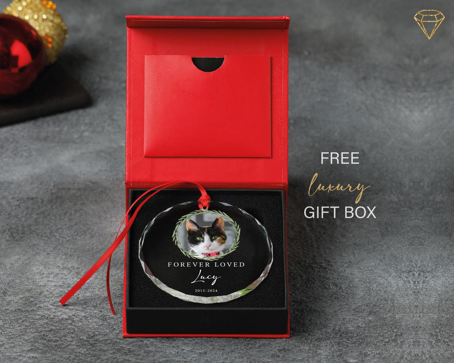 Personalized Cat Photo Ornament - Gem-Cut Glass Memorial Gift