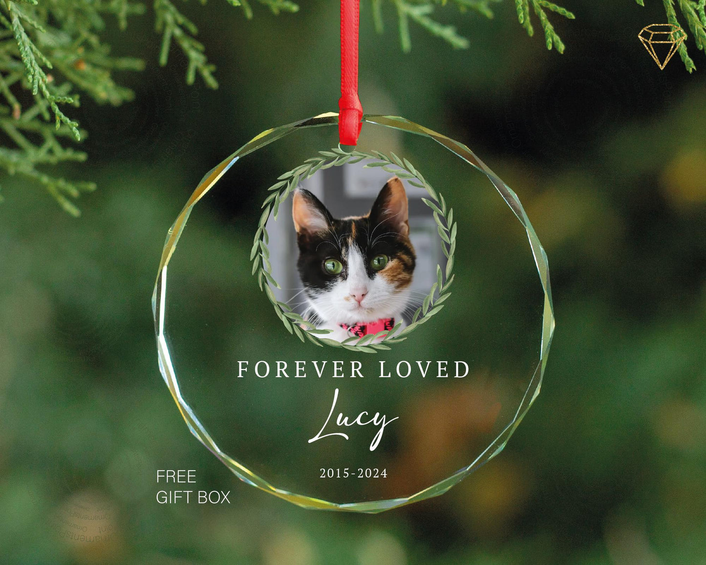 Personalized Cat Memorial Ornament – Gem-Cut Glass Photo Keepsake