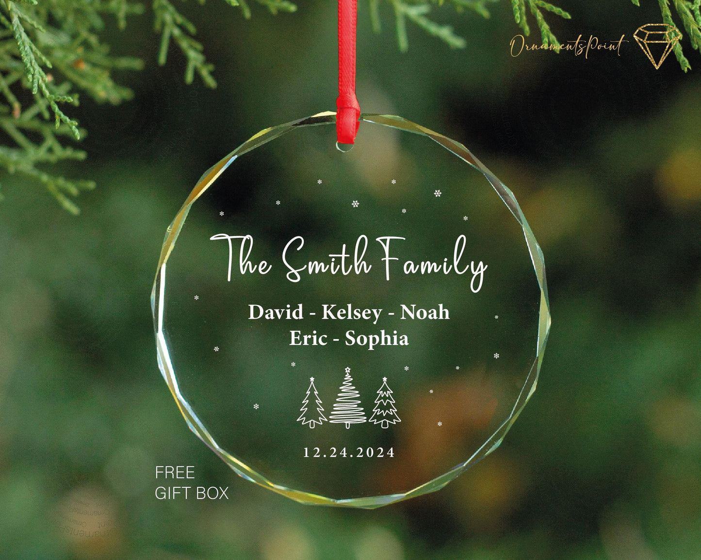 Personalized Family Name Christmas Ornament - Gem-Cut Glass