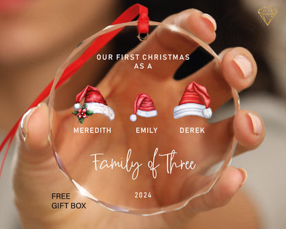 Family of Three Christmas Ornament - Santa Hats Family of 3 Ornament - Personalized Baby's First Christmas Ornament - New Baby Ornament