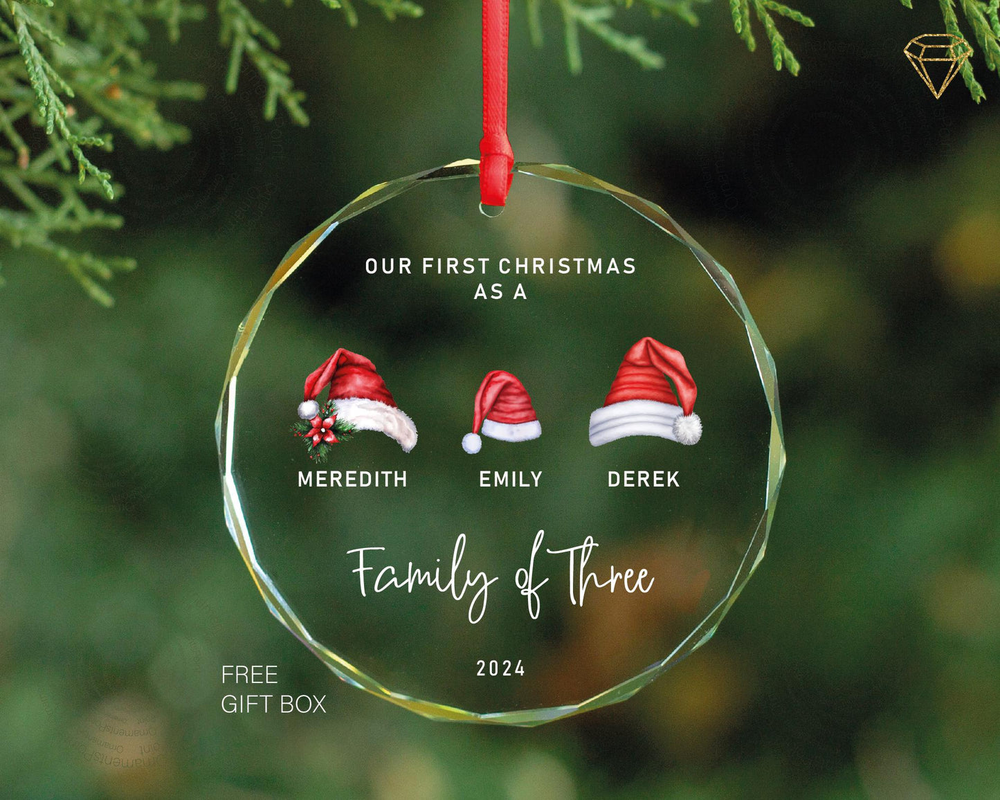 Family of Three Christmas Ornament - Santa Hats Family of 3 Ornament - Personalized Baby's First Christmas Ornament - New Baby Ornament