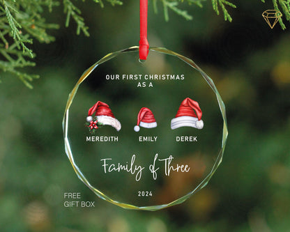 Family of Three Christmas Ornament - Santa Hats Family of 3 Ornament - Personalized Baby's First Christmas Ornament - New Baby Ornament