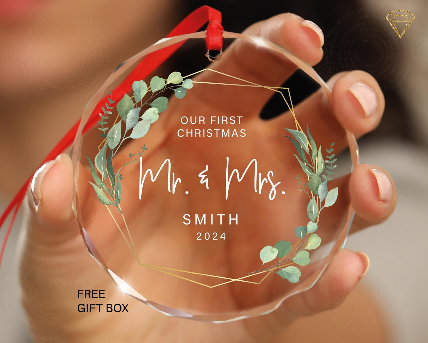 Personalized Mr & Mrs First Christmas Gem-Cut Glass Ornament