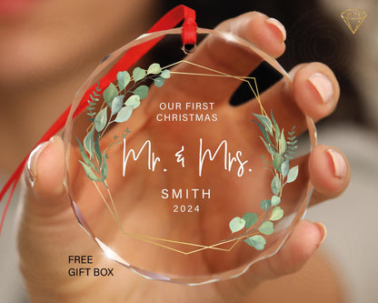 Personalized Mr & Mrs First Christmas Gem-Cut Glass Ornament