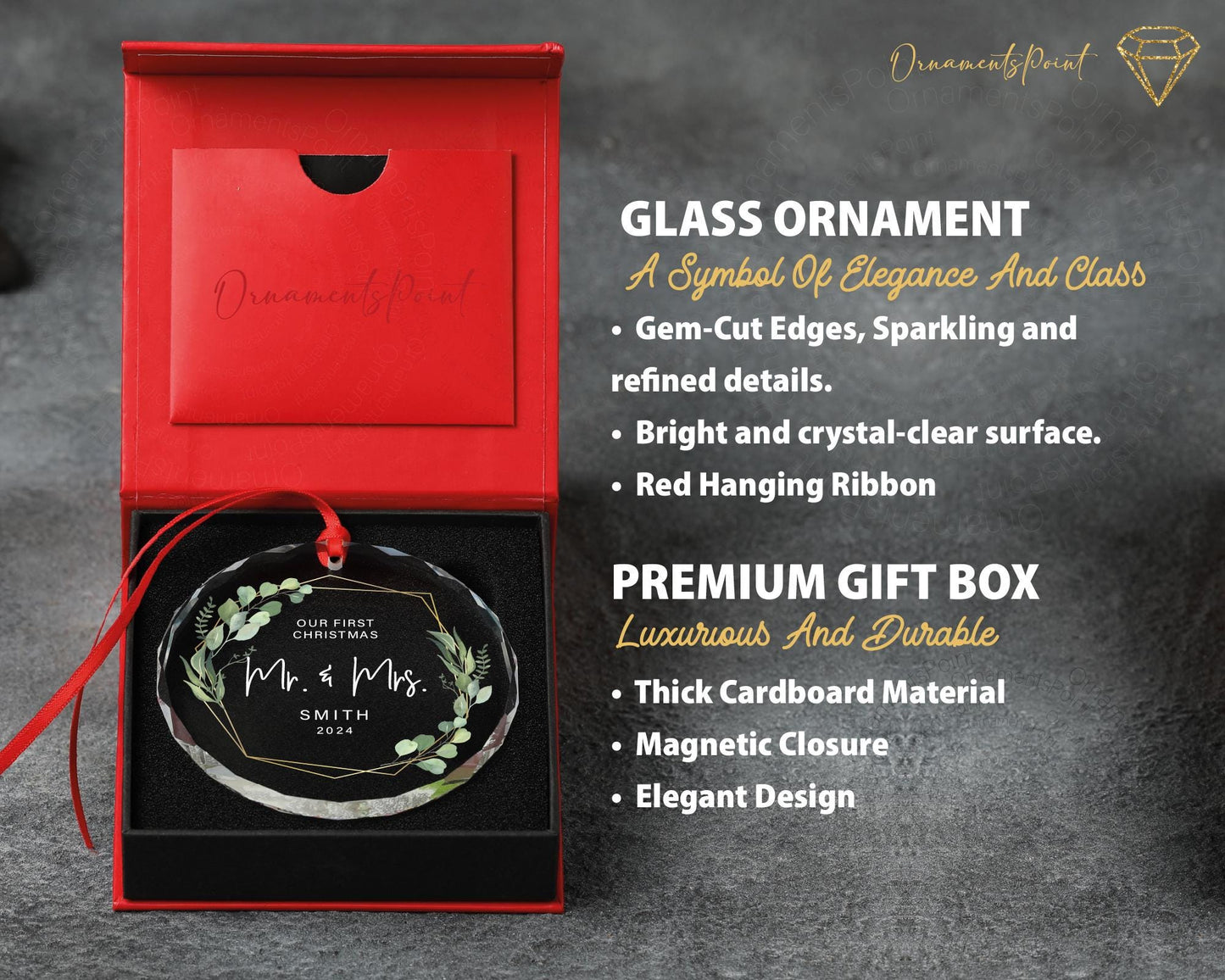 Personalized Mr & Mrs First Christmas Gem-Cut Glass Ornament