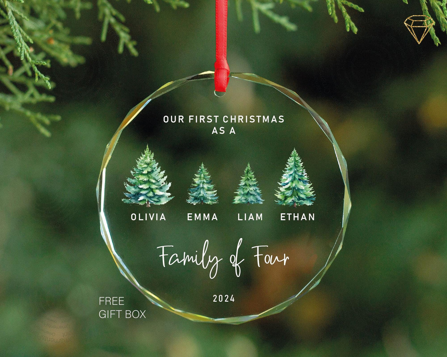 Pine Trees Family of 4 Christmas Ornament - Custom Family of Four Ornament - Family of 4 With Pet Ornament