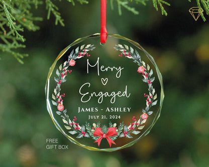 Personalized Merry and Engaged Glass Ornament - Engagement Christmas Ornament - First Christmas Engaged Gift