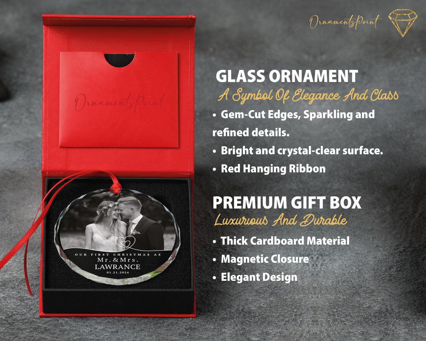 Personalized First Christmas Ornament - Gem-Cut Glass, Mr & Mrs Gift