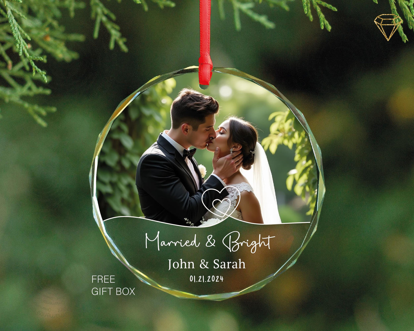 Personalized First Christmas Glass Ornament – Wedding Photo Keepsake