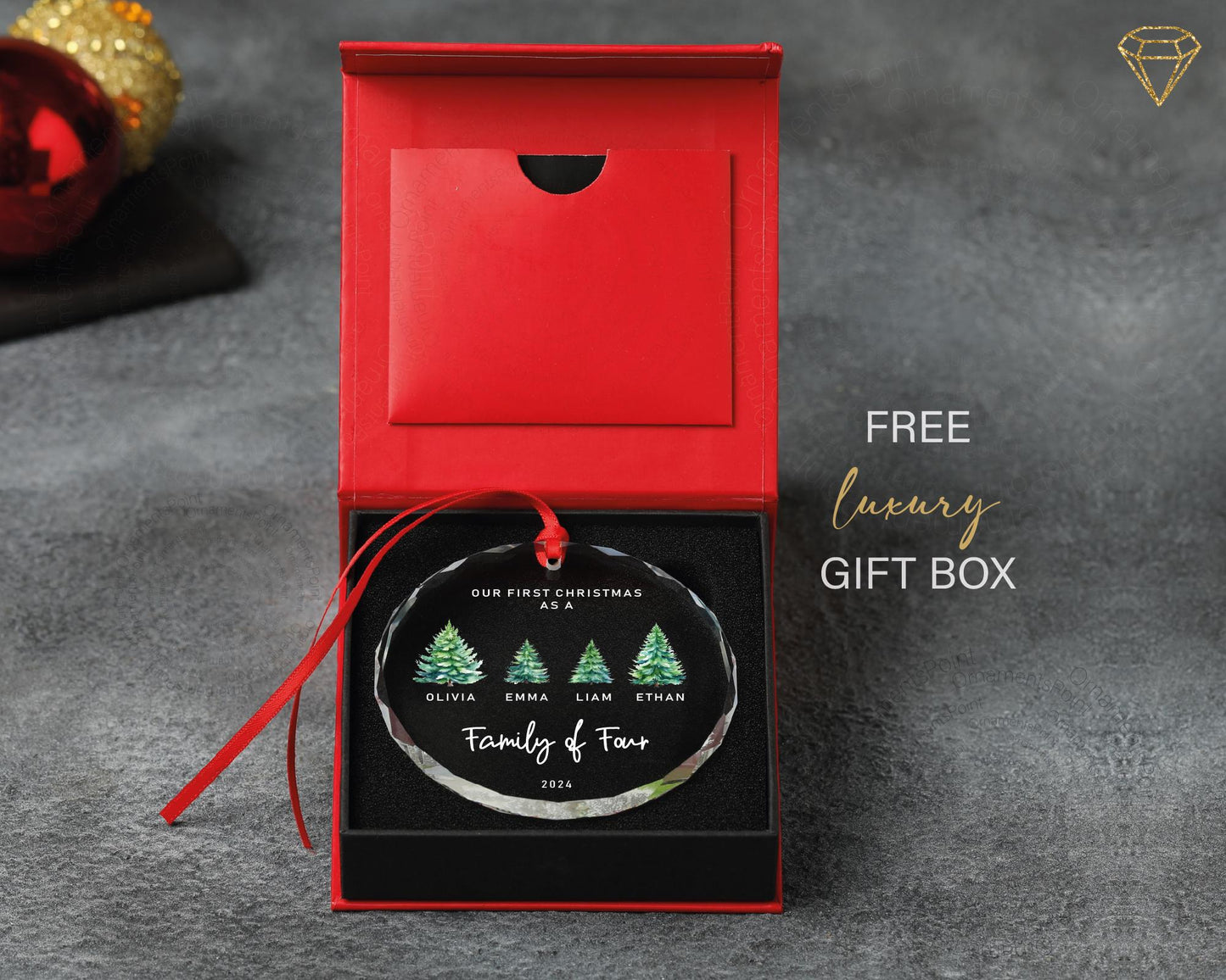 Pine Trees Family of 4 Christmas Ornament - Custom Family of Four Ornament - Family of 4 With Pet Ornament