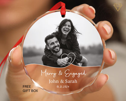 Merry and Engaged Ornament - Engagement Gifts For Couple Bride Friend - Daughter Gift - Photo Personalized First Christmas Engaged Ornament