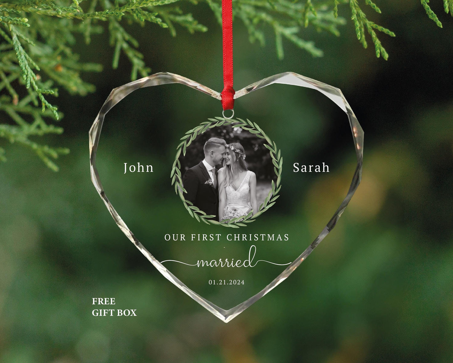 Personalized First Christmas Married Ornament – Photo Heart Glass Ornament