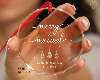 Merry and Married Personalized Christmas Married Ornament - Wedding Gift for Couple